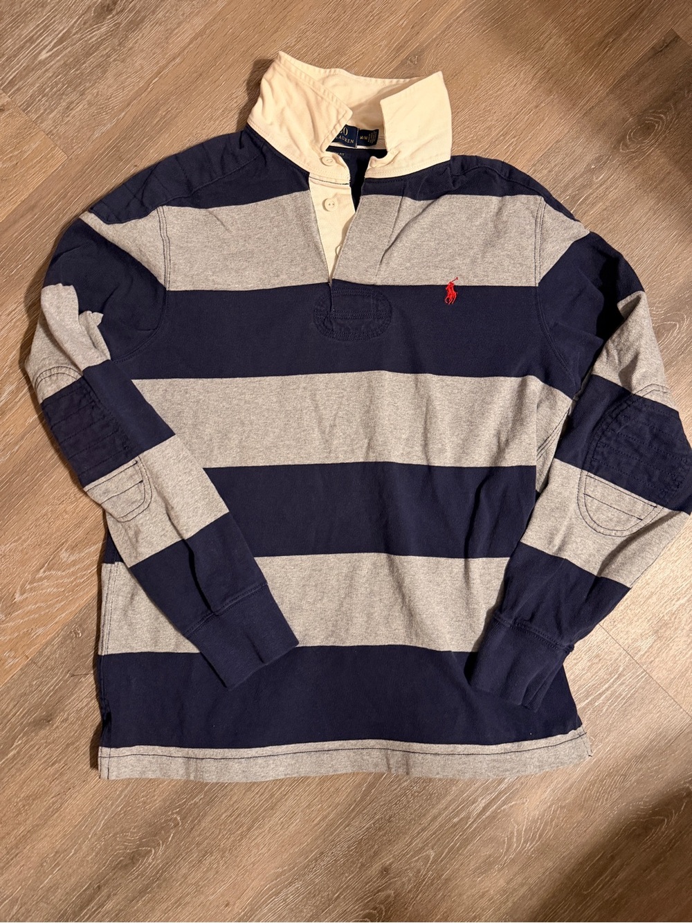 Ralph Lauren Navy and Gray Striped Rugby Shirt with Cream Collar